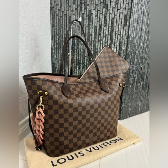🩰Louis Vuitton Neverfull MM Damier Ebene Rose Ballerine Tote + Pochette - Picture 1 of 16